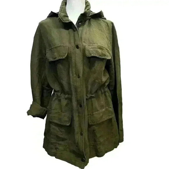 DEARJOHN Military Green Linen Blend Utility Jacket Zip Snap Drawstring Hooded L - Picture 7 of 12